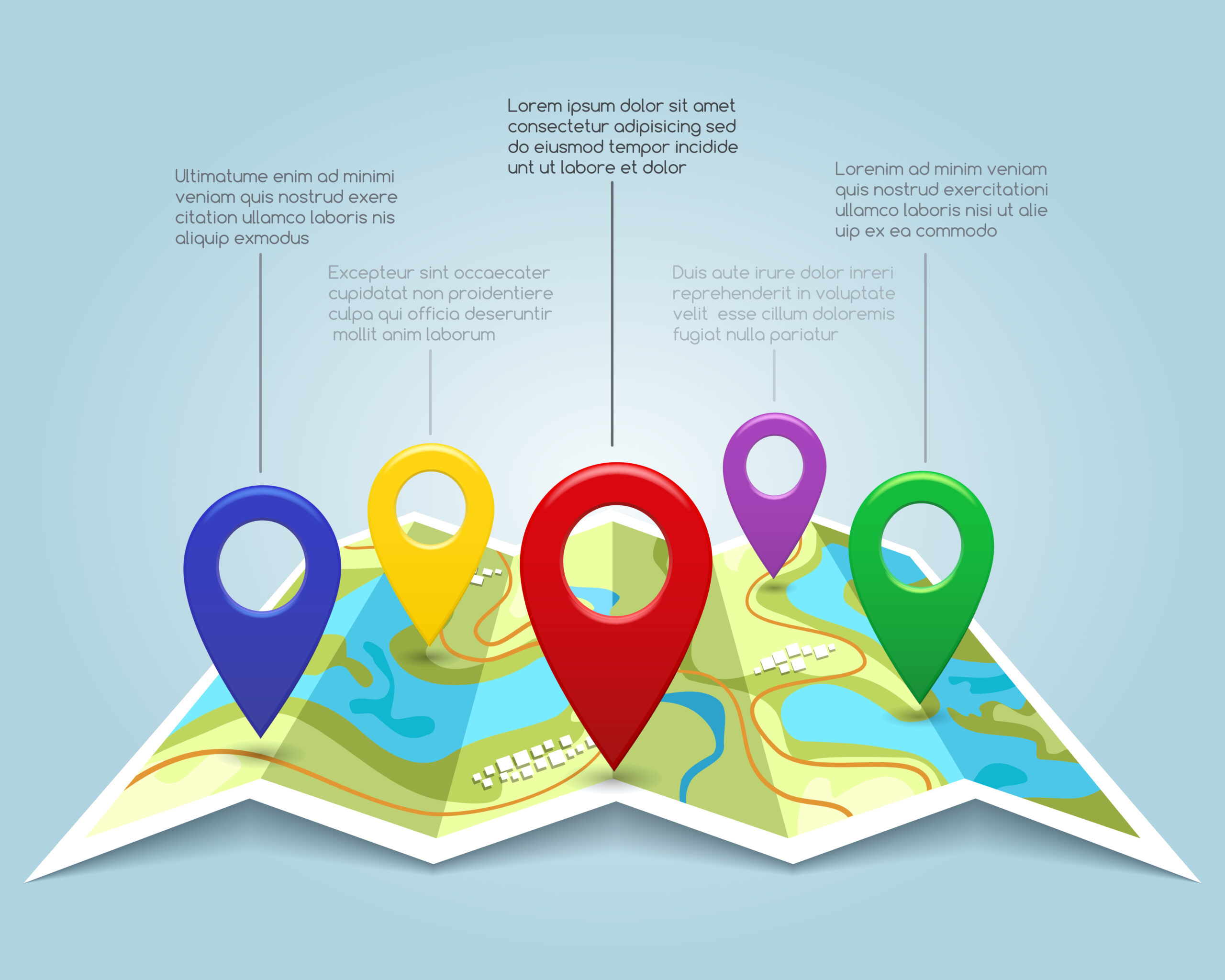 Map with pin markers vector illustration. Cartography location pointers. Banner with map marks and color pins