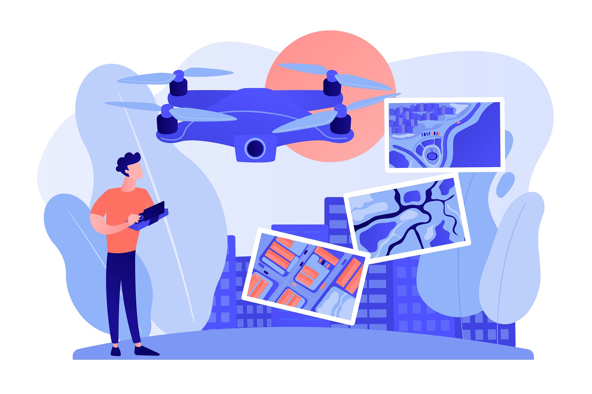 Drone, quadcopter operator, pilot making photos. UAV with camera. Aerial photography, air survey services, drone photo of your event concept. Pinkish coral bluevector isolated illustration